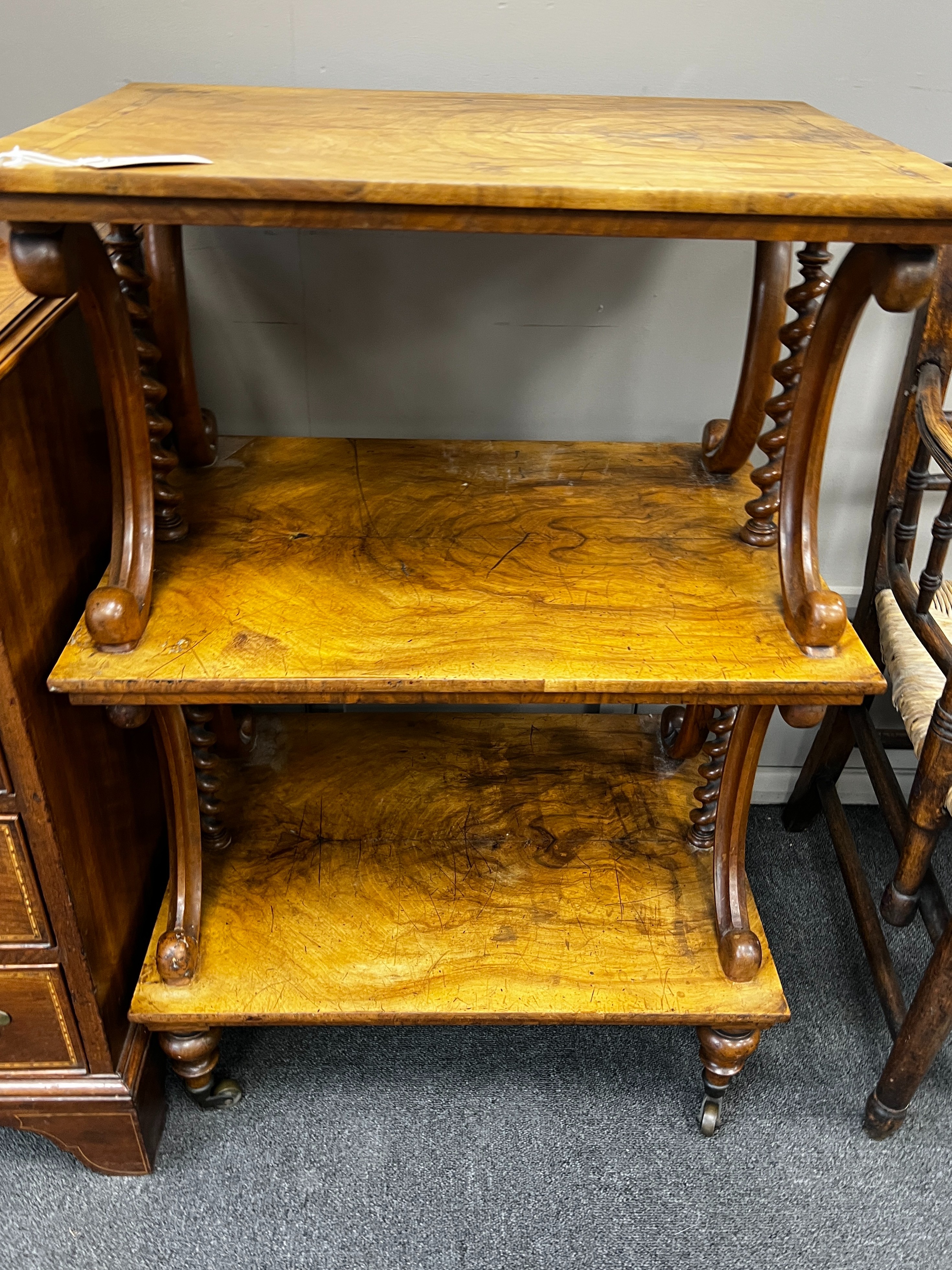 A Victorian rectangular walnut three tier whatnot, lacks superstructure, width 60cm, depth 45cm, height 89cm